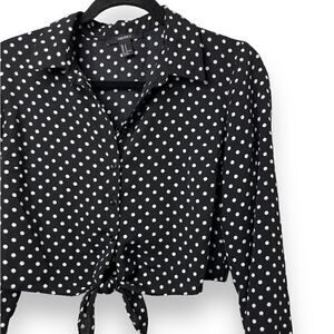 Forever 21 Polka Dot Long Sleeve Button Down Front Tie Top Black Medium
